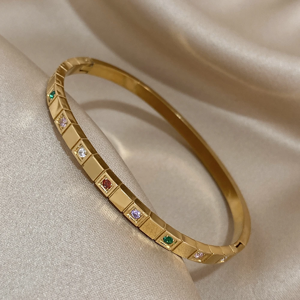 Chic 316L Stainless Steel Bracelets for Women Romantic Inlaid Colorful Zircon Block Gold Plated Cuff Bangle Charm Jewelry Gifts