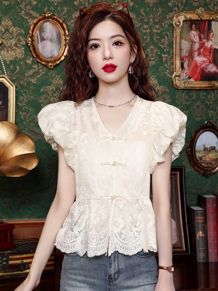 

Ele ort Sve Lace irt Women's Faion V-ne Chinese Sle Top Commute Bubble Sve Embroidered Regular Length