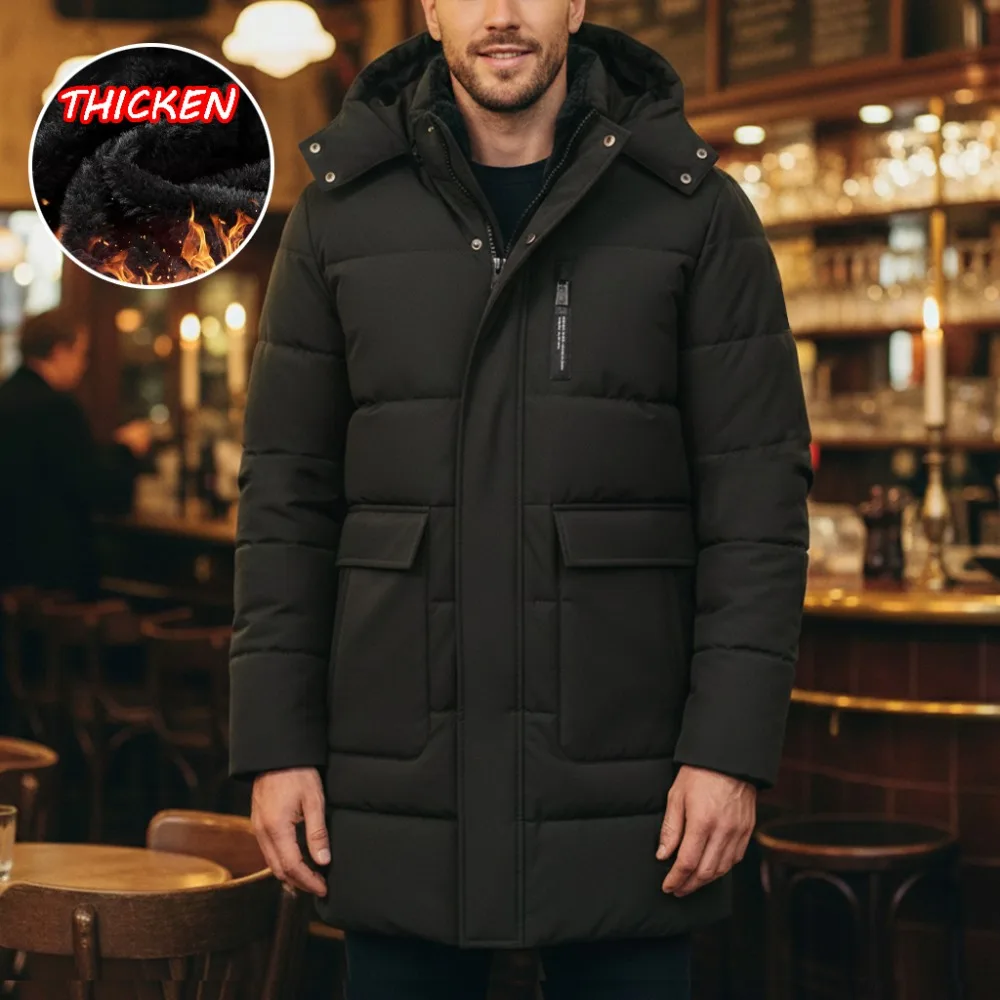 

Мужское зимнее пальто, ветрозащитная куртка для холодной погоды, длинная парка с большим карманом, пальто, стеганые стеганые куртки с капюшоном, теплая верхняя одежда