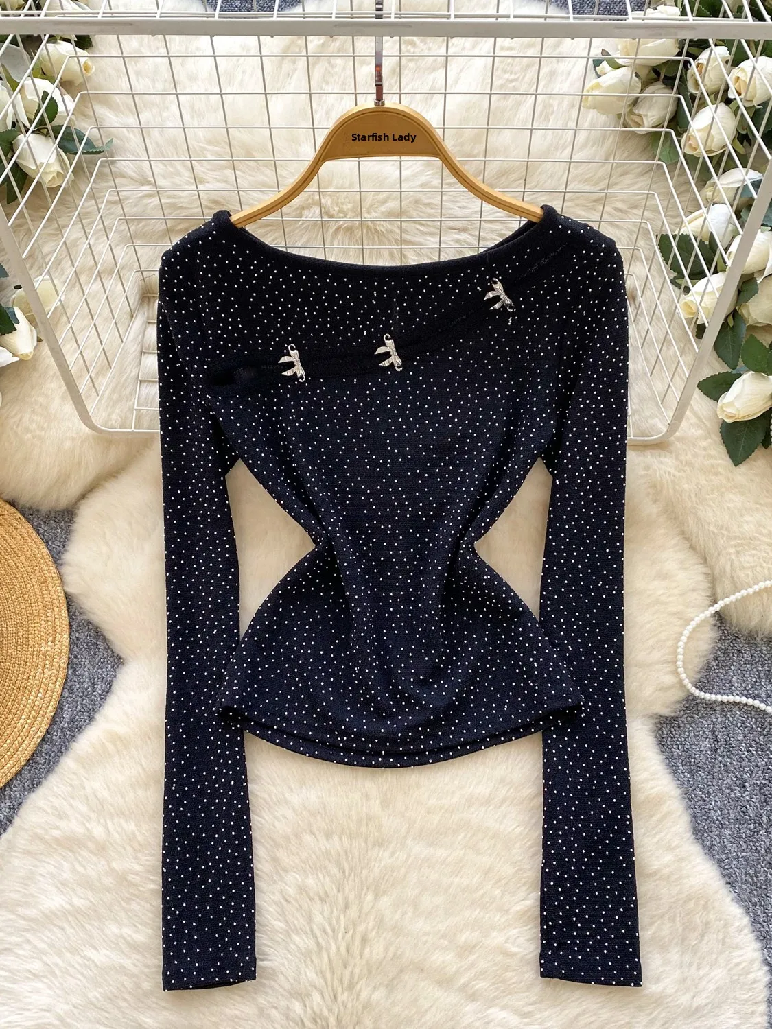 Faionable Slim Fit Long Sve Hollow out Button Design T-Shirt Damen Base Layer irt Diamond Heat Transfer Herbst Sle