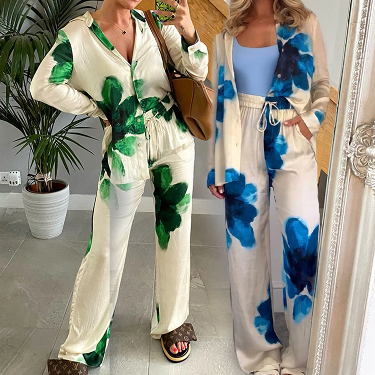 2024 Female Print Pants Sets Green Blue Floral Stain Long Sleeve Shirt+Elastic Waist Lace-Up Pants Woman Summer Sets Beach Style