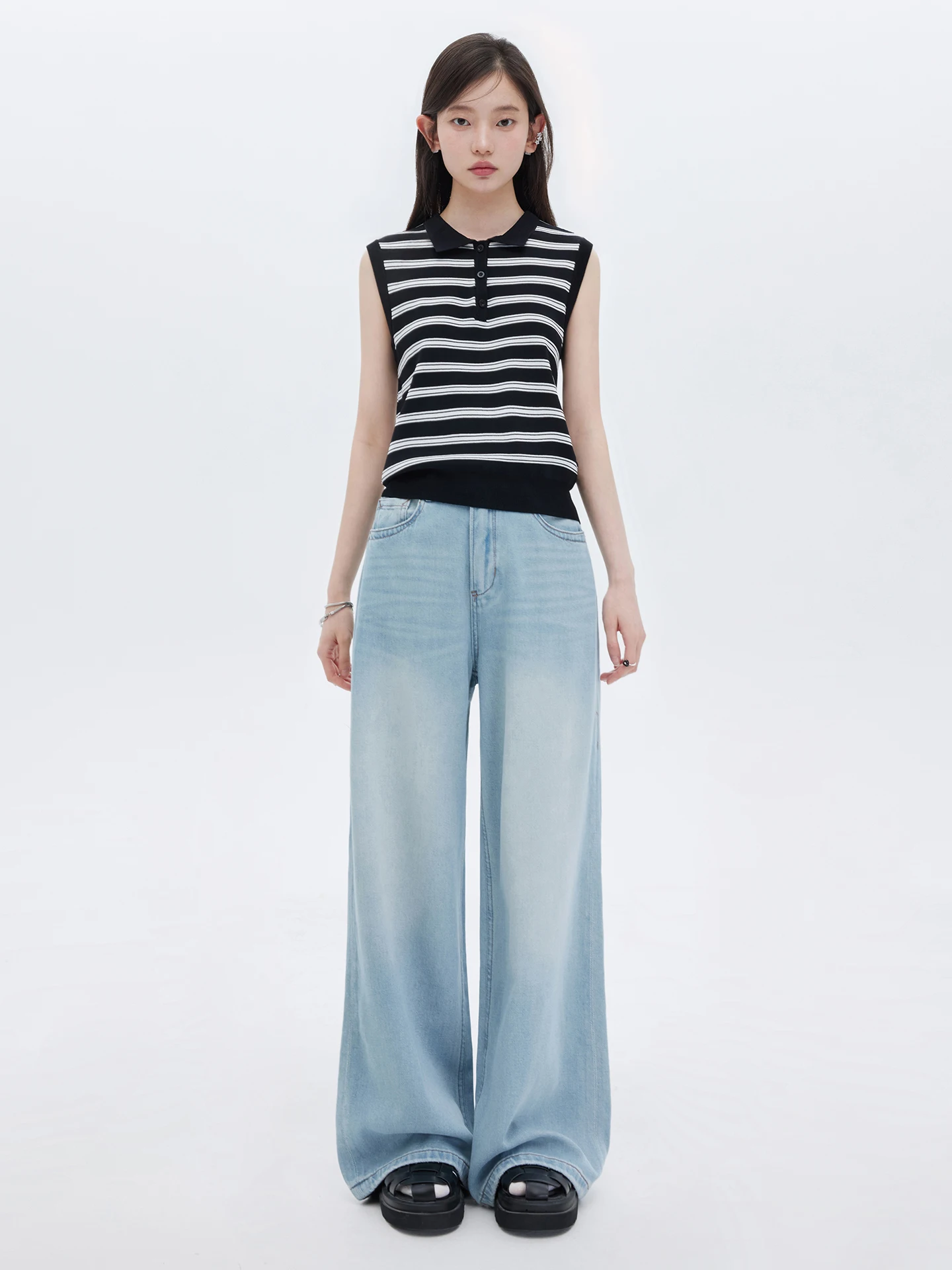 

High Waist Straight Leg Denim Jeans Women's Cotton Lyocell Blend Premium Pocket Detail Floor Length Casual Blue Jeans