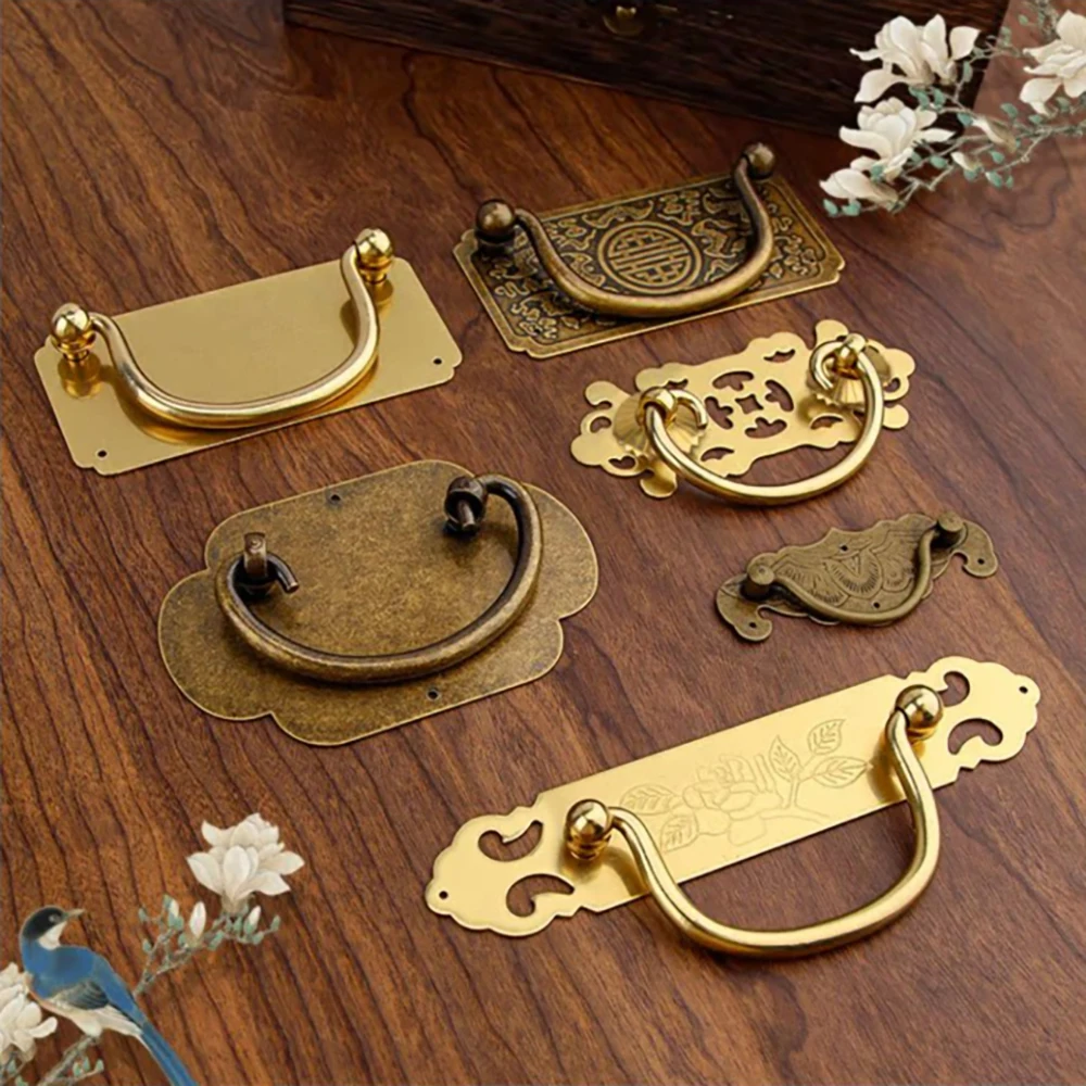 Chinese Style Pure Brass Handle Antique Double Hole Drawer Handle Copper Ring Furniture TV Cabinet Medicine Cabinet Handle Ring