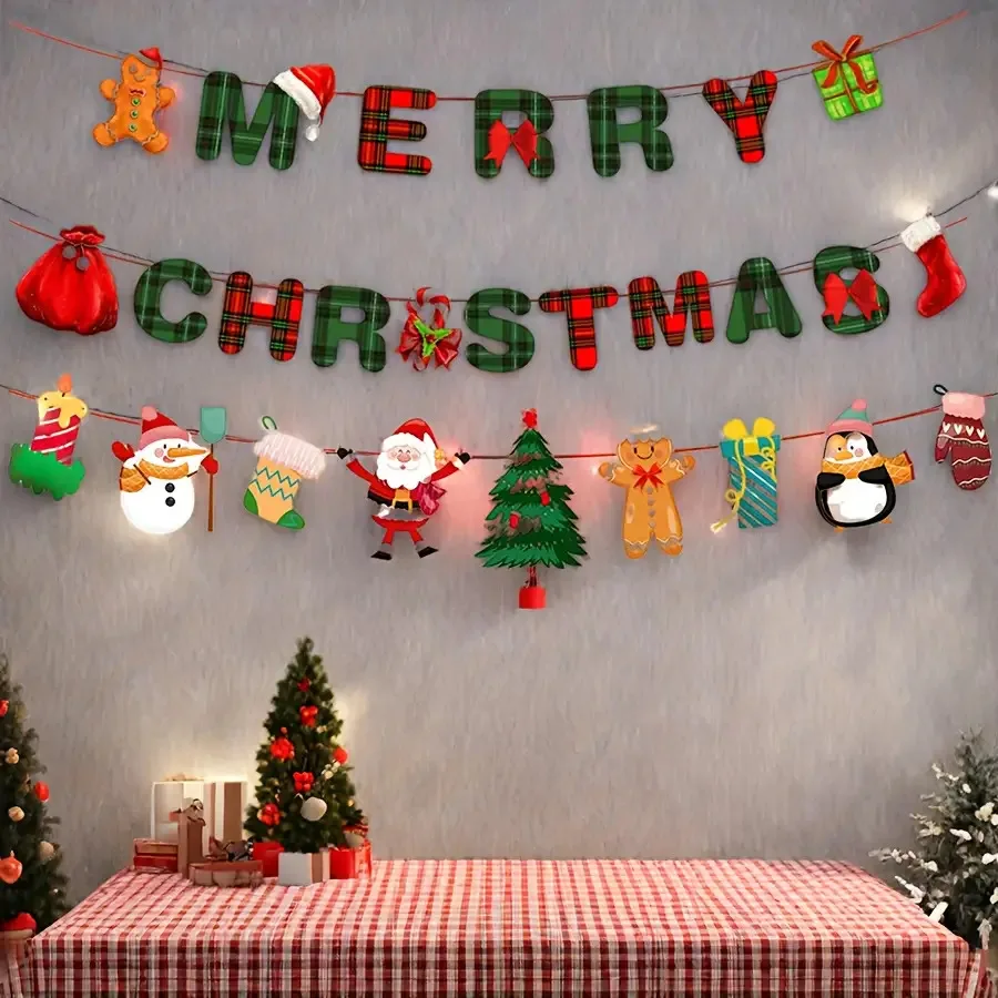 1set Merry Christmas Banners Decoration Santa Claus Snowman Paper Hanging Banner Red Green Xmax Pendant Christmas Decorations