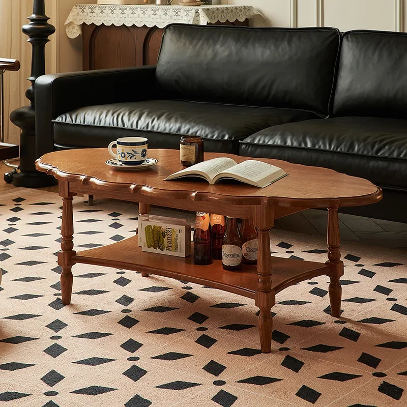 

French retro solid wood double-layer coffee table, small apartment living room design high-end art petal low table