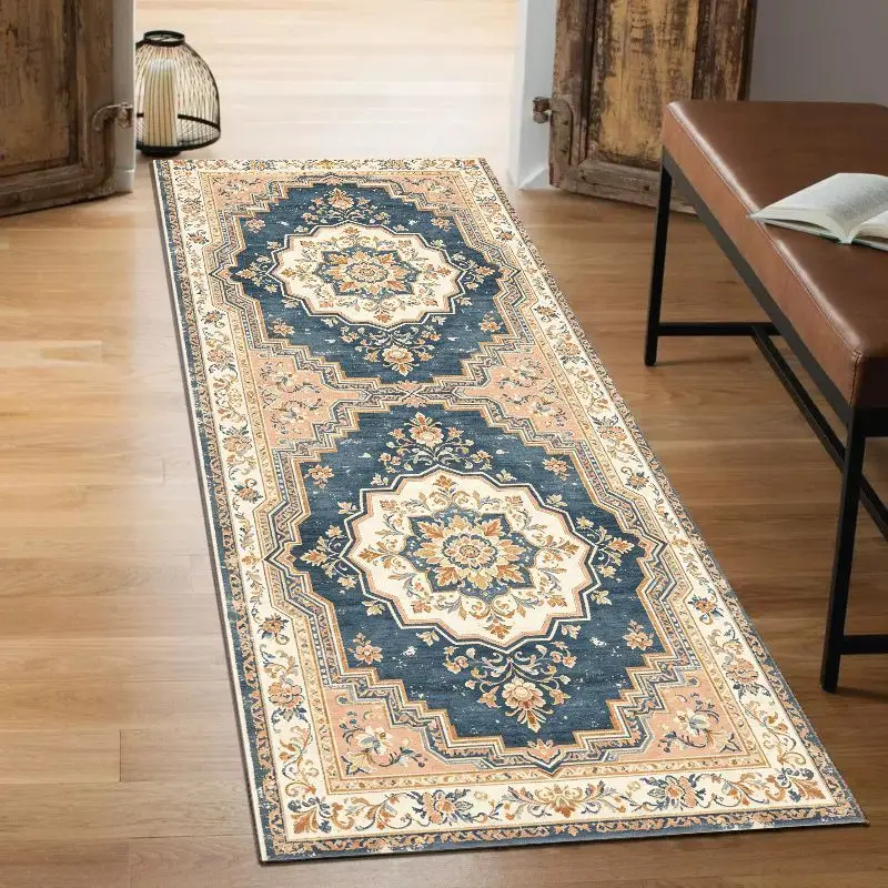 VIKAMA Affordable Luxury Blue and Gold Persian Rectangular Hallway Rug, Non-Slip Bedroom Rug, Decorative Kitchen Aisle Rug