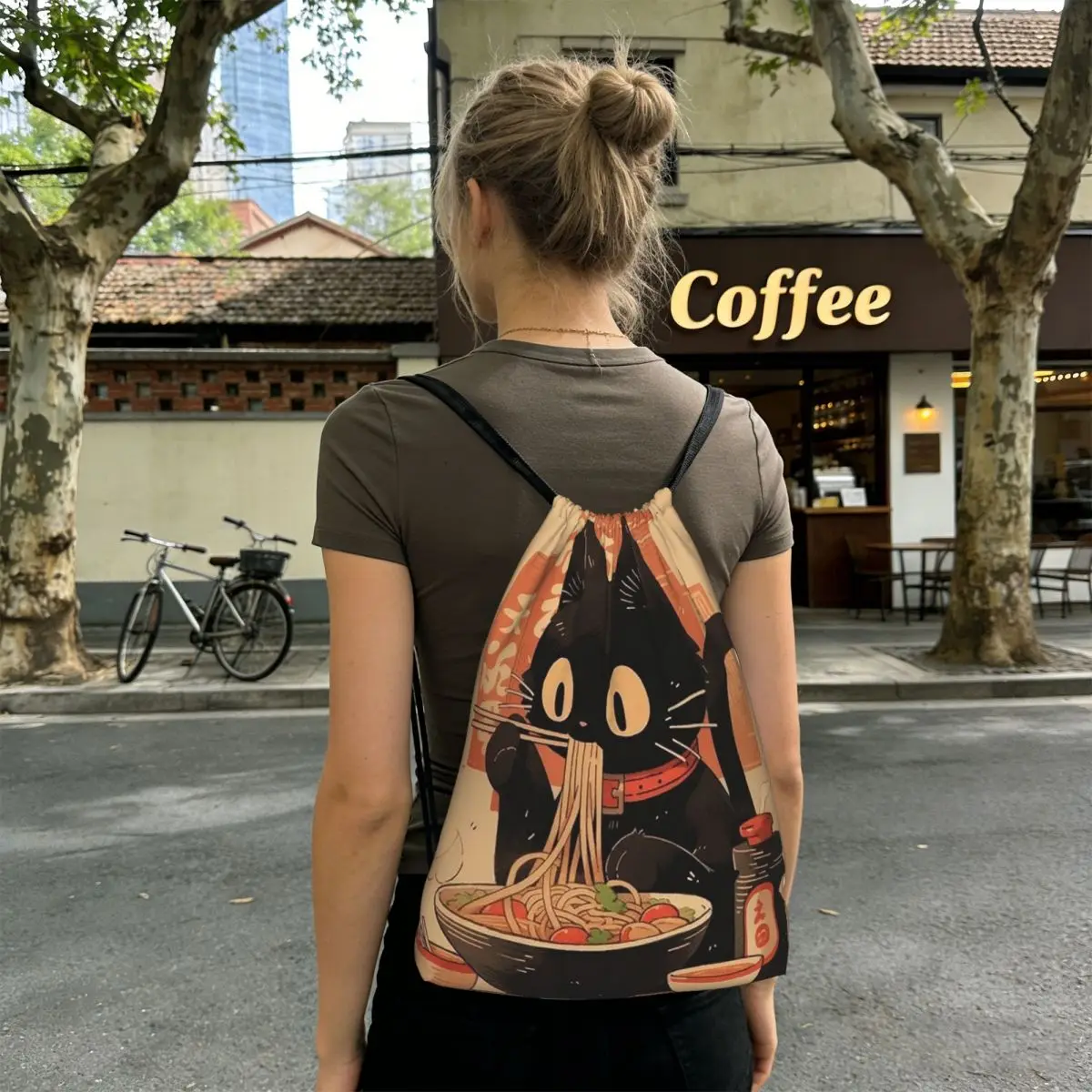 An Adorable Cat Relishing A Bowl Of Ramen Backpacks Multi-function Drawstring Bags Storage Bag Book Bags for Travel School