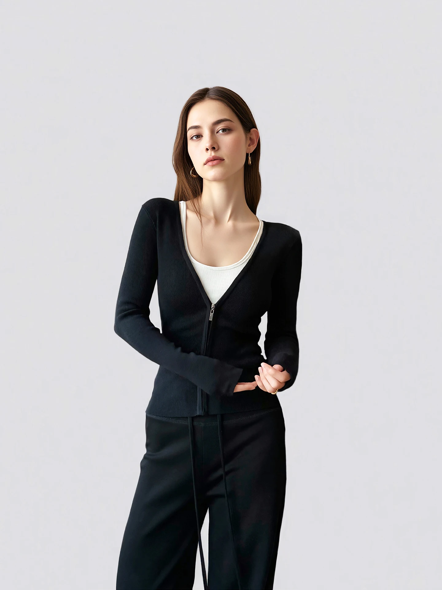 

ANGJIA Весенний простой черный вязаный кардиган на молнии с открытыми плечами, приталенный, с длинными рукавами, верхняя одежда для женщин