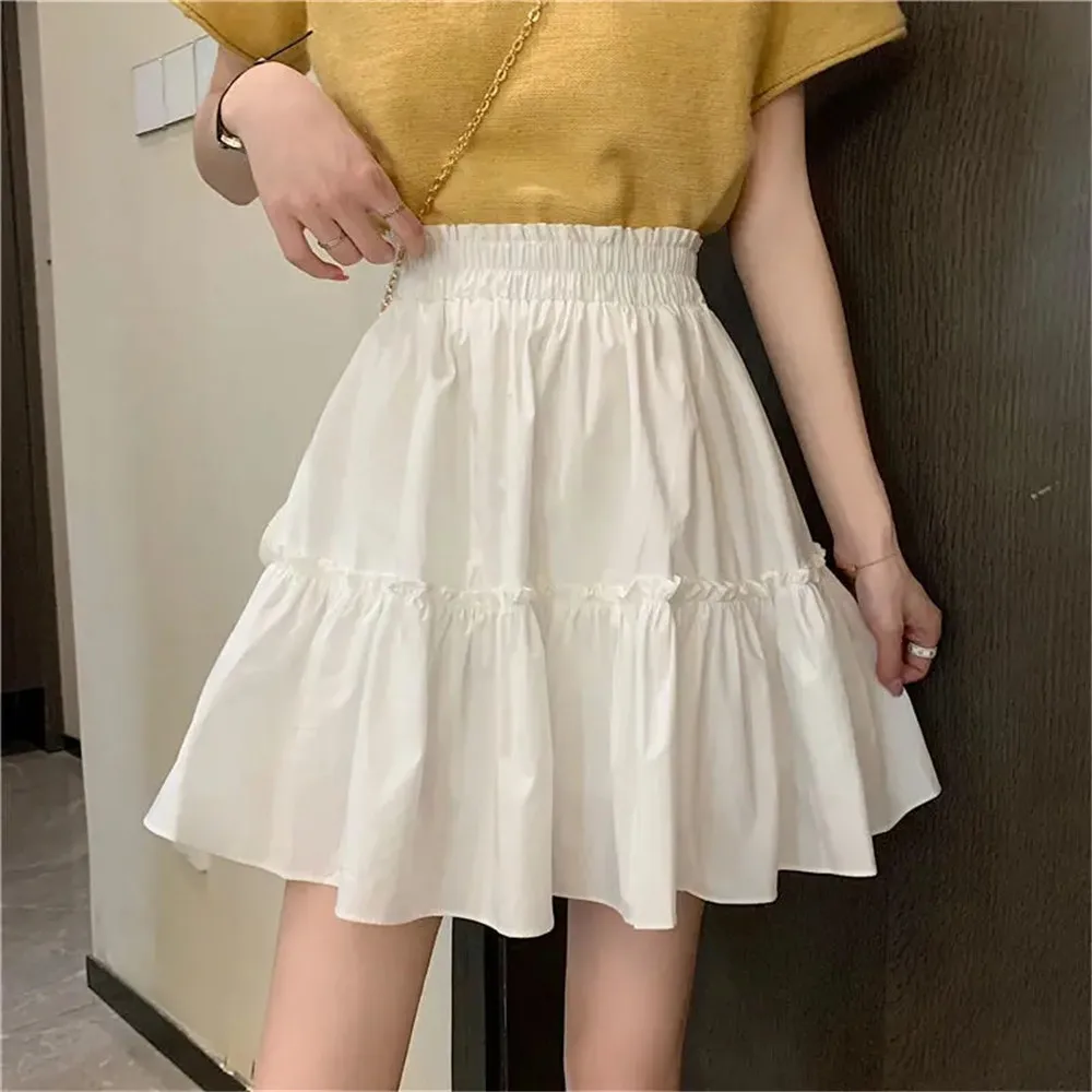 Summer Mini Pleated Skirts Women White Black High Waist A-Line Skirt Student Preppy Cute Skirt ​Korean Harajuku Ruffle Wild Saia