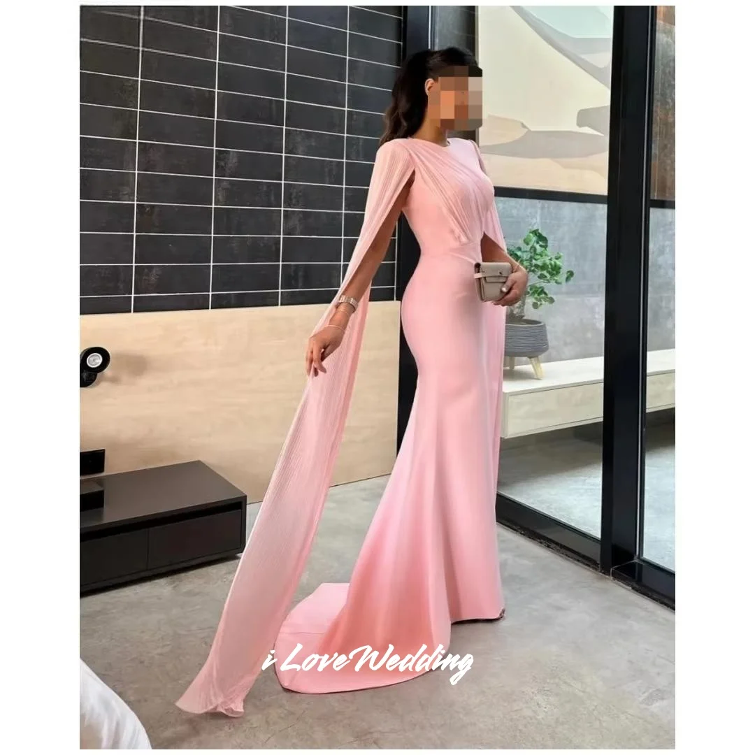 Pink O-Neck Evening Dresses Shawl Sleeveless Mermaid Prom Dresses Trailing Floor-Length Sleeveless Wedding Party Dress Customize