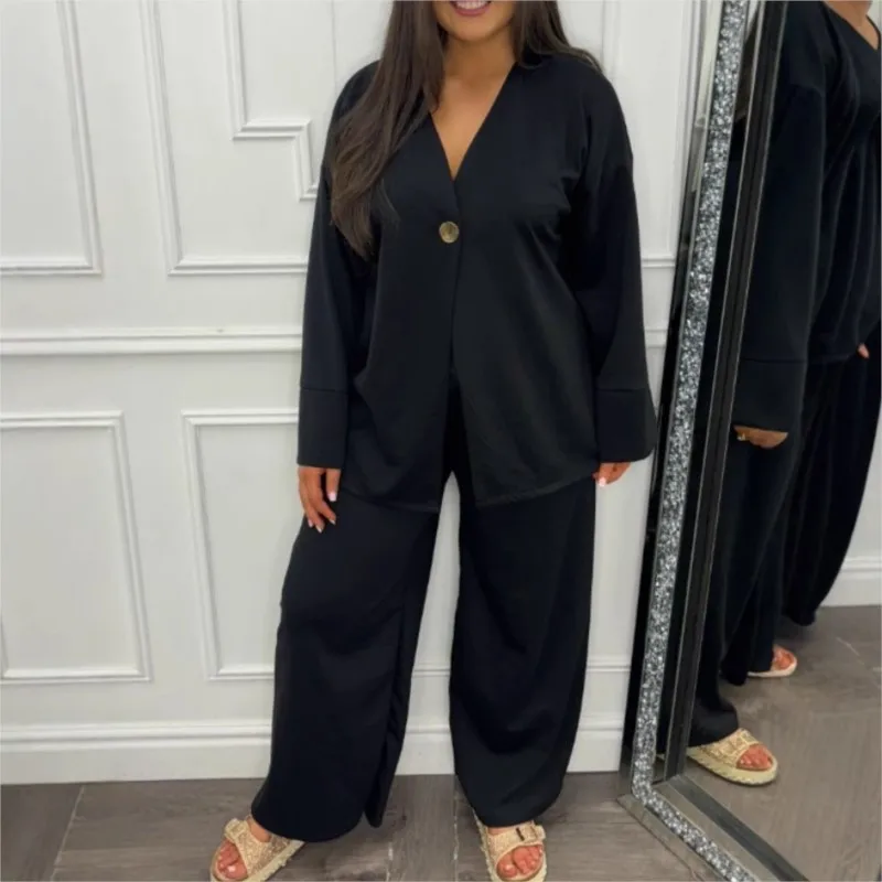 Sexy V-neck Loose Top Wide Leg Pants Fashionable Hoodie Two-piece Set Autumn Winter Women's New Casual Long Sleeved Pants Set