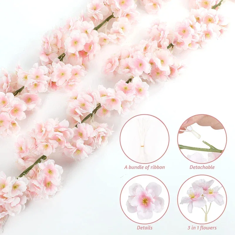 1PC Artificial Flowers Cherry Blossom Sakura Garland Wedding Arch Garden Backdrop Home Party Decoration Silk Fake Plants Vine