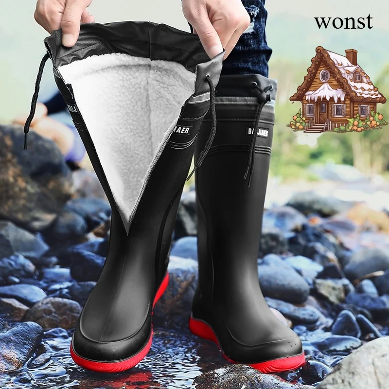 

winter Thickened Anti-slip Men's Rain Boots High Waterproof Reflective Work Fishing Shoes Warm Water Shoes Rubber Shoes for Men
