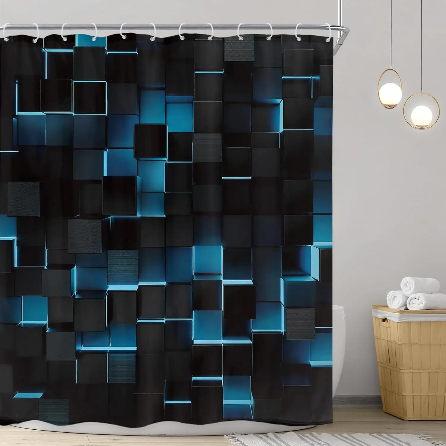 Blue Shower Curtain Abstract Navy Brick Modern 3D Wall Gradient Designer Futuristic Cubes Geometric Plaid Man Cool Bathroom