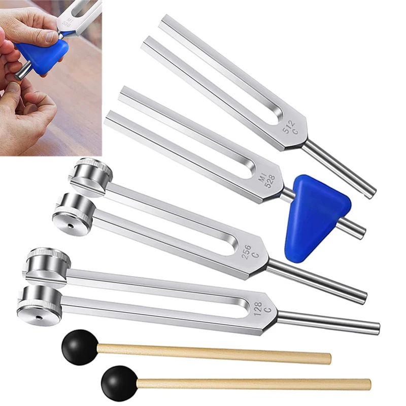 4PCS Lot Tuning Fork Set (128Hz 256Hz 512Hz 528Hz) with Mallet Chakra Massager Stick Hammer for Yoga Sound Healing Therapy C3