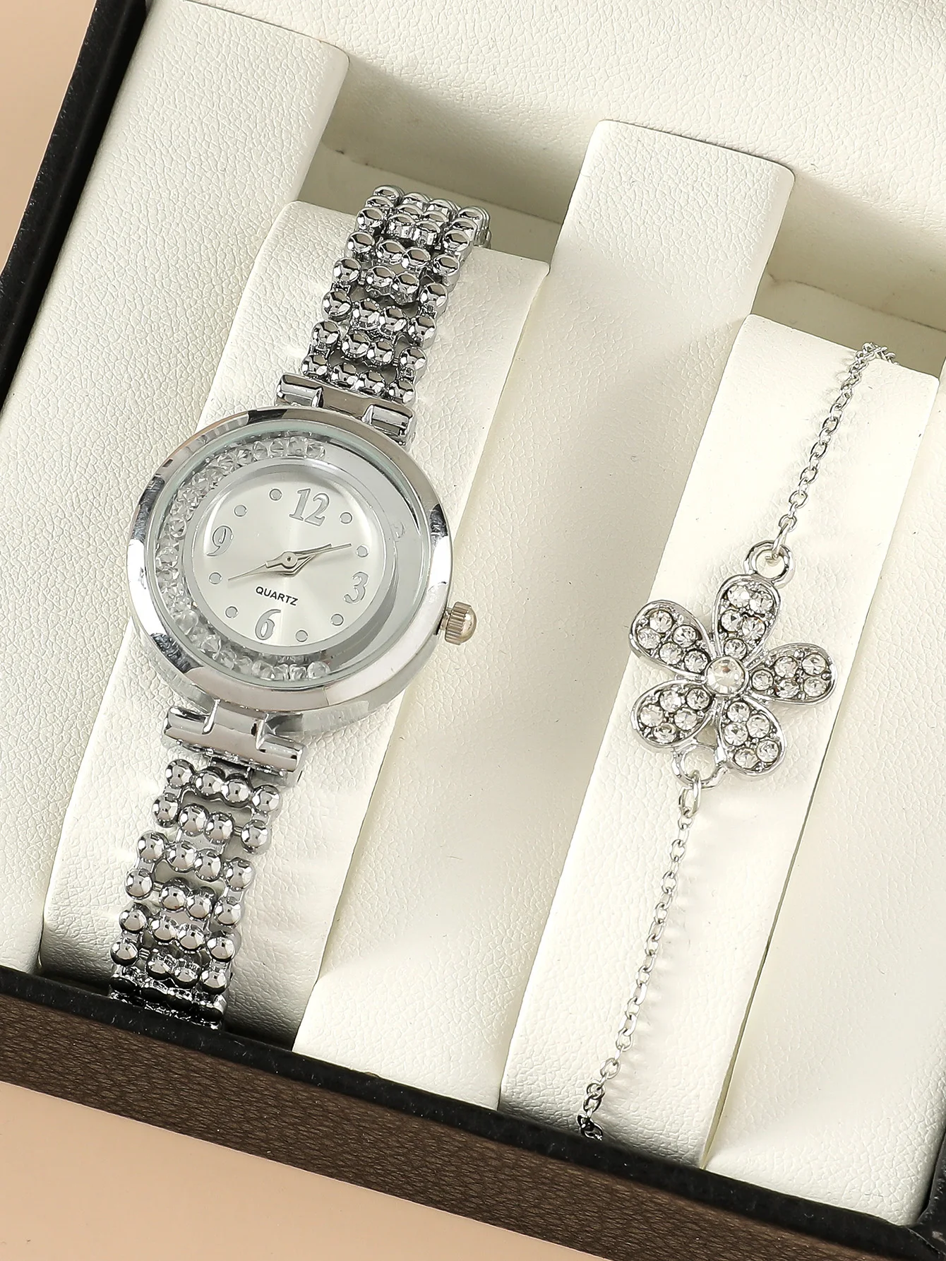 A Silver Stylish Lady With Rhinestone Quartz Bracelet Watch And A Plum Bracelet Accessory. Can Be Used In Daily Life