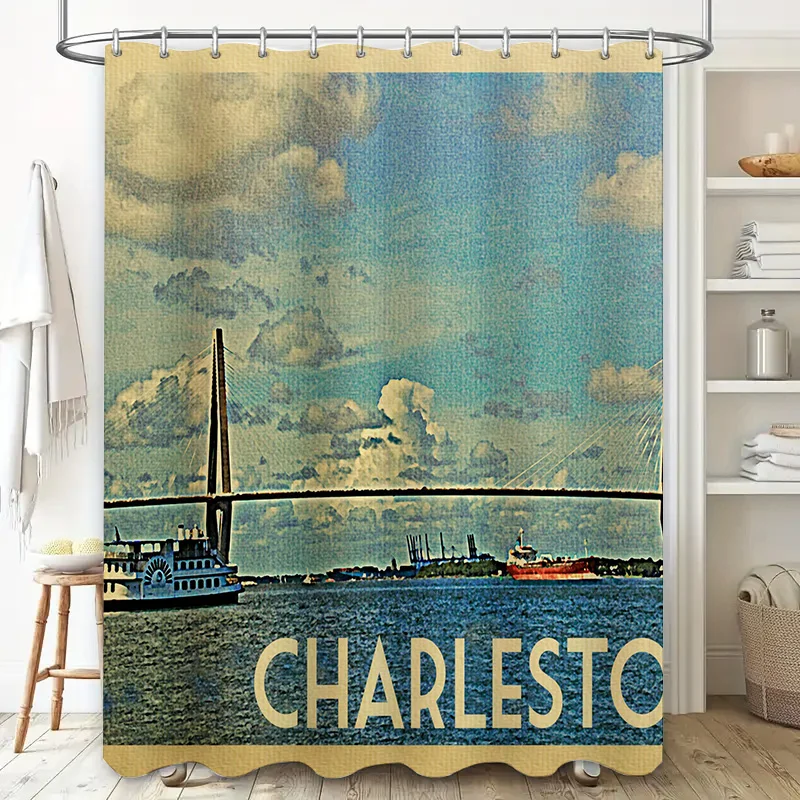 Vintage Charleston Shower Curtain Decorative Wall Art for Bathroom Blue Sky Bridge River Scene High-Quality Fabric Material Avai