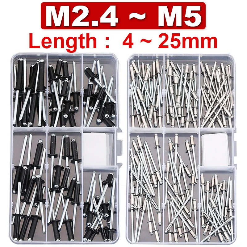Aluminum Pull Nails Core Pull Box Set Round Head Countersunk Head Pulling Rivets Large Head Pull Nails Black M2.4 M3 M3.2 M4 M5