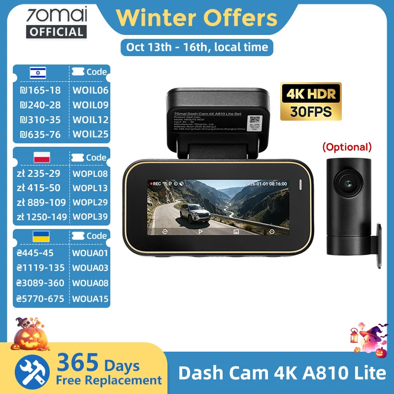 70mai Dash Cam A810 Lite 4K HDR + 1080P, Supercapacitor 4G LTE Remote Control Wi-Fi 6 GPS Voice Control Car DVR 70mai A810 Lite