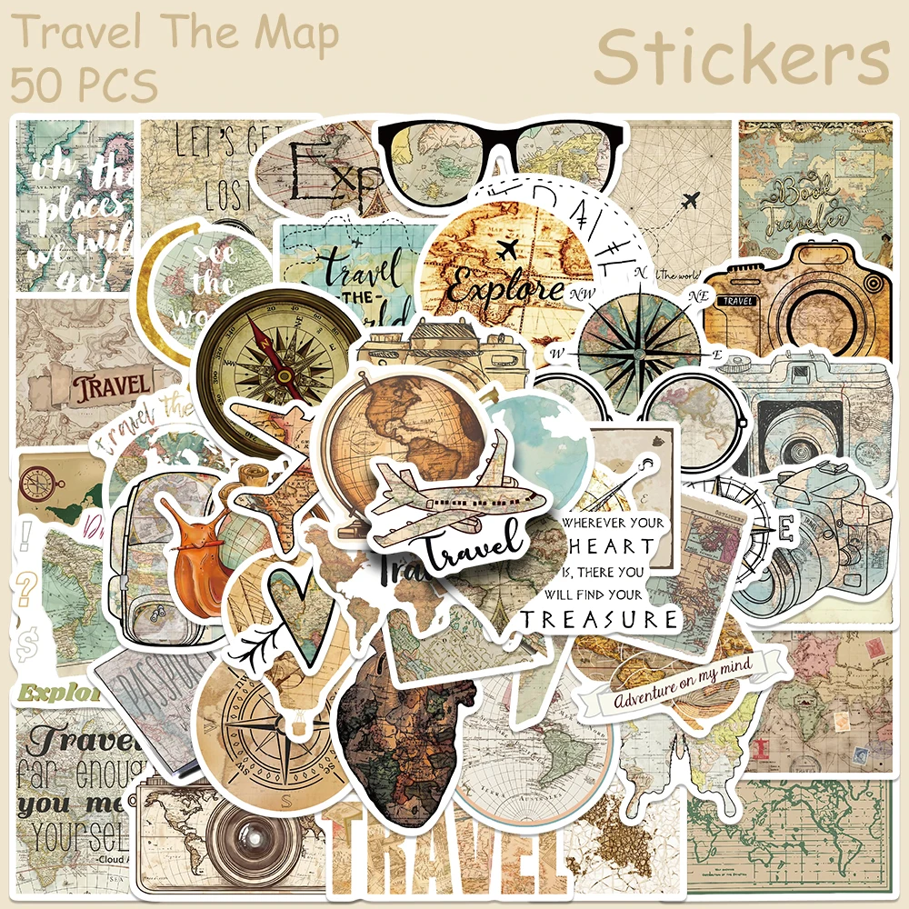 

50pcs Vintage Travel The Map Stickers Decals For Phone Laptop Skateboard Luggage Refrigerator Aesthetic Waterproof Stickers