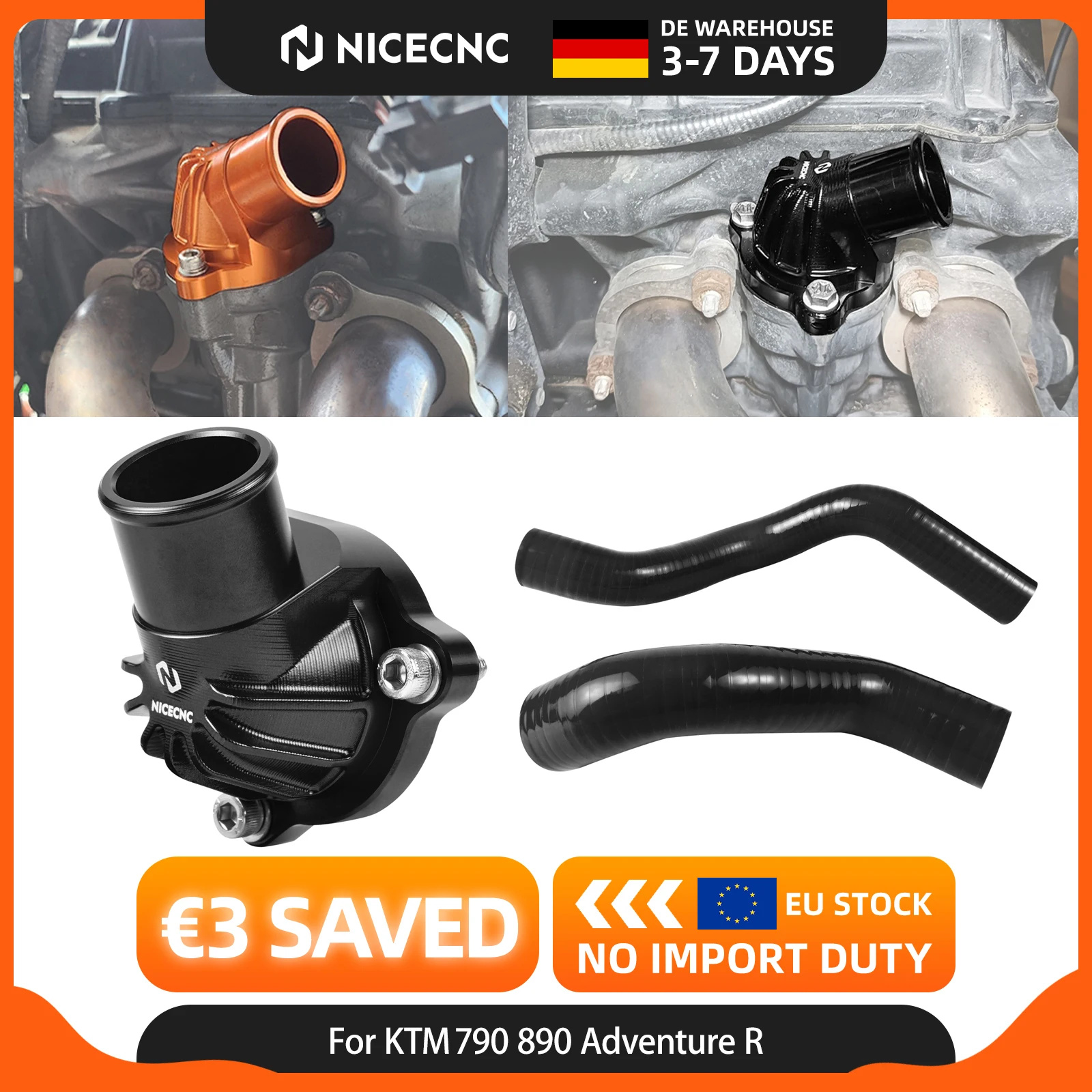 NICECNC Thermostatgehäuseabdeckung und Kühlerschlauch-Set für KTM 890 Adventure R, 790 Adventure R, 790, 890 Adventure sowie für Husqvarna Norden 901 / Expedition