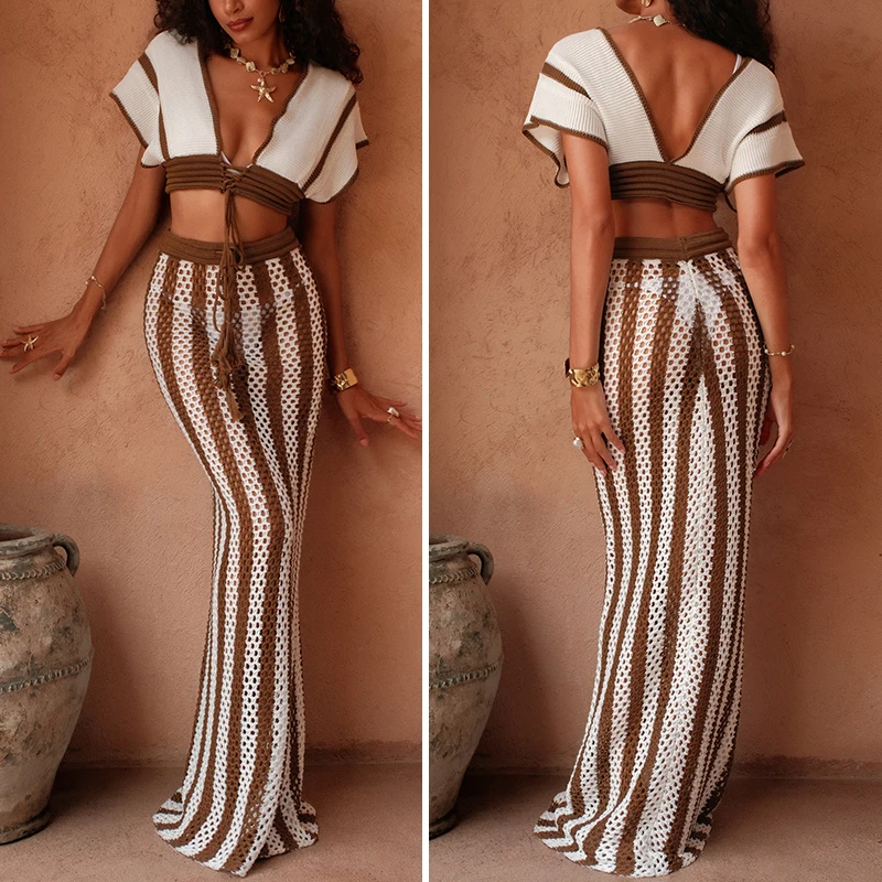 نمط جديد متماسكة الجوف خارج قصيرة الأكمام أعلى البني تنورة طويلة قطعتين الشاطئ التستر مجموعة المرأة عطلة الشمس الاستحمام التستر