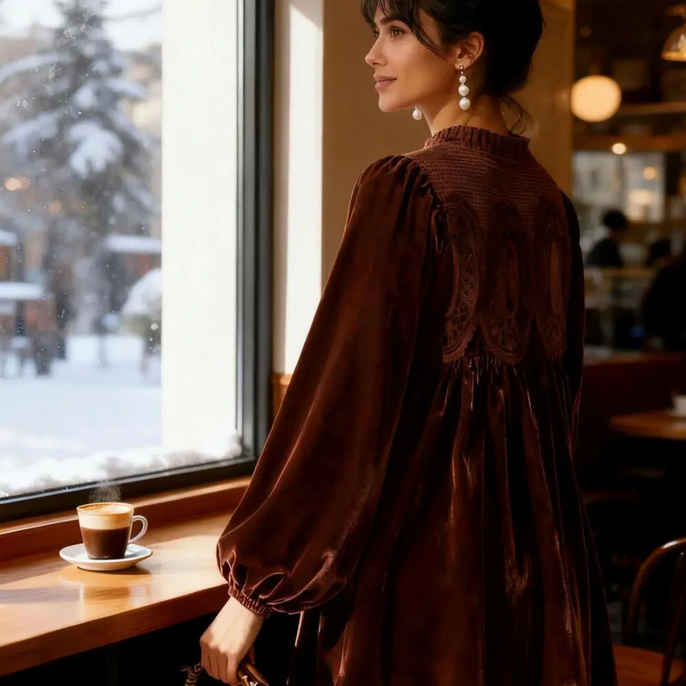 Womens Casual Velvet Dress Elegant Lace Splice Ruffle Neck Long Sleeve Mini Skirt Spring Autumn Party Fashion