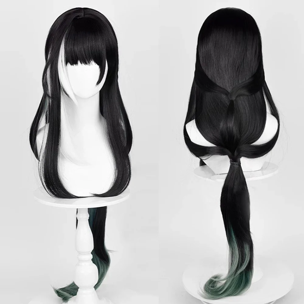 

Long Straight Synthetic Black Wig White Highlights Green Anime Game Cosplay Fluffy Wig with Bangs for Daily Party