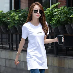 New 2024 Long T Shirt Women Cotton Short Sleeve T-shirts Summer O-neck Casual Tshirt Cute Letters Print Female Tunic Tops