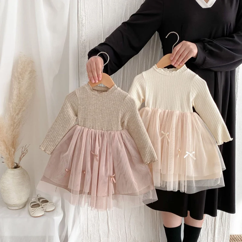 

New Autumn Style Girls' Dress Baby Girl Fashion Solid Color Ribbed Ruffled Edge Patchwork Dress First Birthday Dress