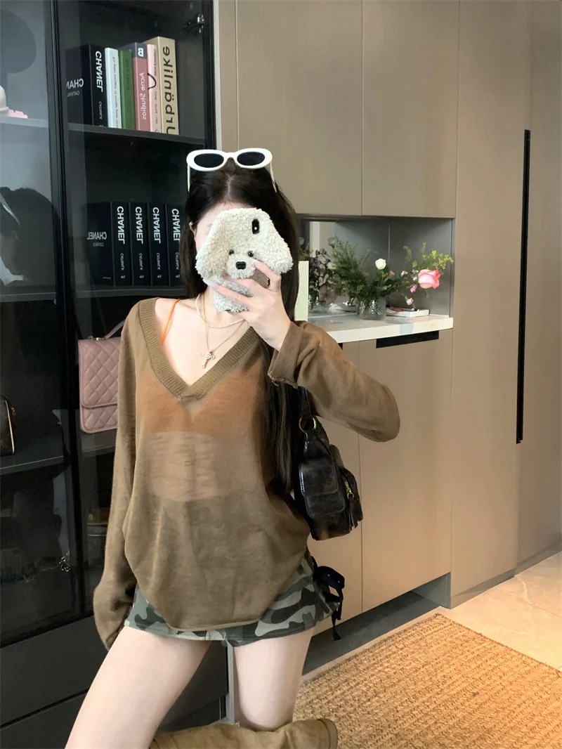 

Kumikumi Pure Desire Sexy Strap Thin Long Sleeve Knitted Top And Bottom Set Women's Summer Fashion Casual Wear Two-Piece Set