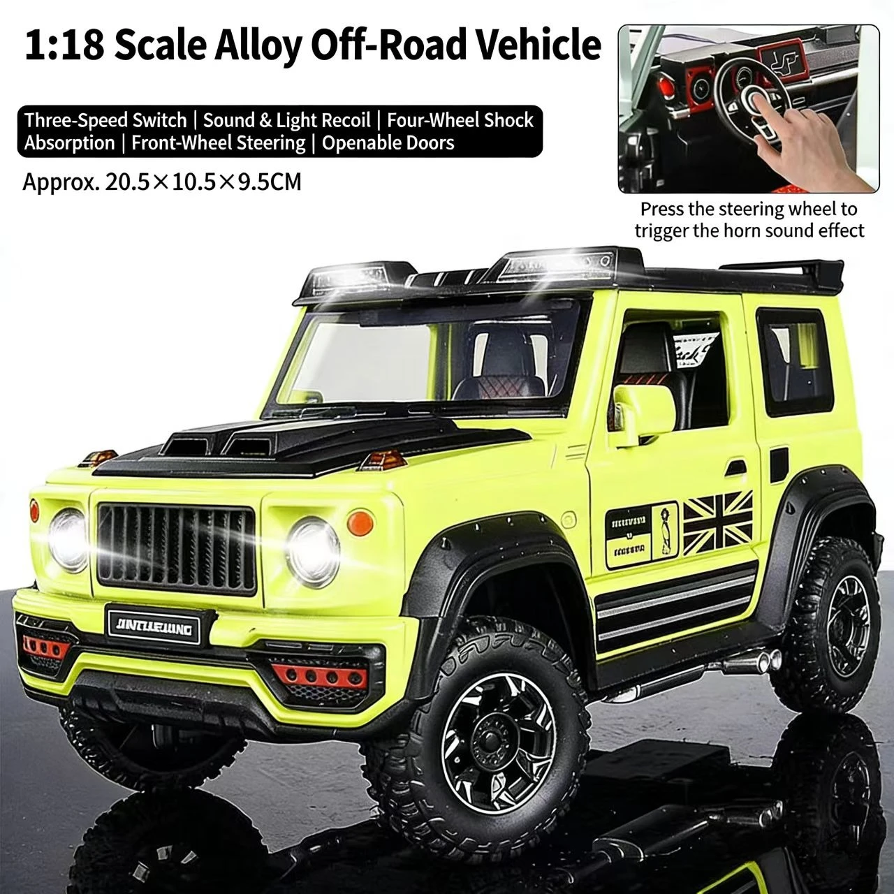 Modèle de voiture tout-terrain en alliage Suzuki Jimny 1:18 |   Grand ornement avec portes ouvrantes, fonction pull-back, effets sonores et lumineux