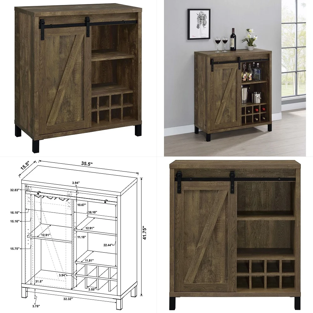 Sliding Barn Door Home Bar Wine Cabinet, Rustic Farmhouse Liquor Cabinet with 3 Shelves,