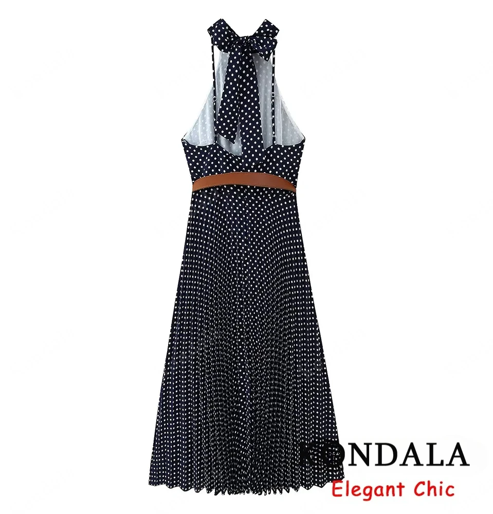 Elegancka sukienka w grochy z paskiem KONDALA, damska sukienka na ramiączkach, bez pleców, moda letnia 2025, styl high street, na wakacje, imprezę, sukienka typu halter.