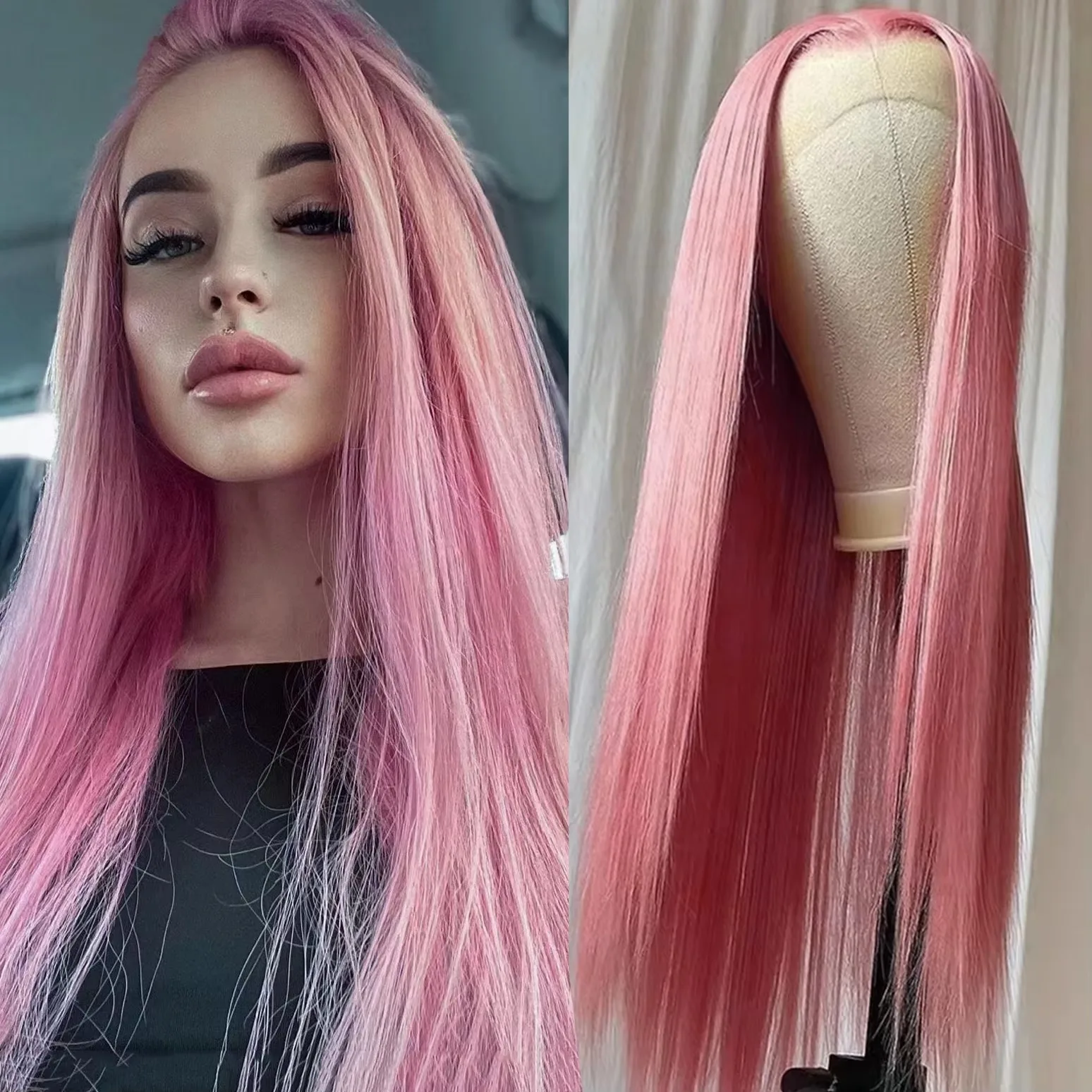 Light Pink Colored 13x4 HD Synthetic Lace Front Wig Glueless Wear To Go Synthetic And Blend Lace Wig Preplucked Natural Looking