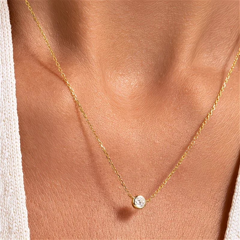 Gold Plated Stainless Steel Dainty Minimalist Shiny Zircon Charm Necklaces Round Clear Cz Stone Necklace for Women Jewelry Gifts