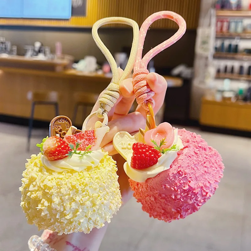 Simulation Mousse Chocolate Fruit Cream Cake Keychain Vanilla Strawberry Cake Food Dessert Model Keyring Hanging Decoration