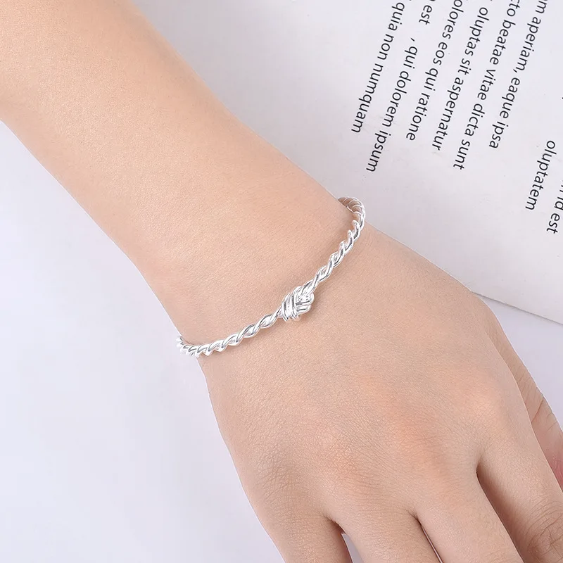 Sterling Silver Color Twist Charm Bangle Bracelets for Women Hand Chain Link Orignal Fashion Jewelry