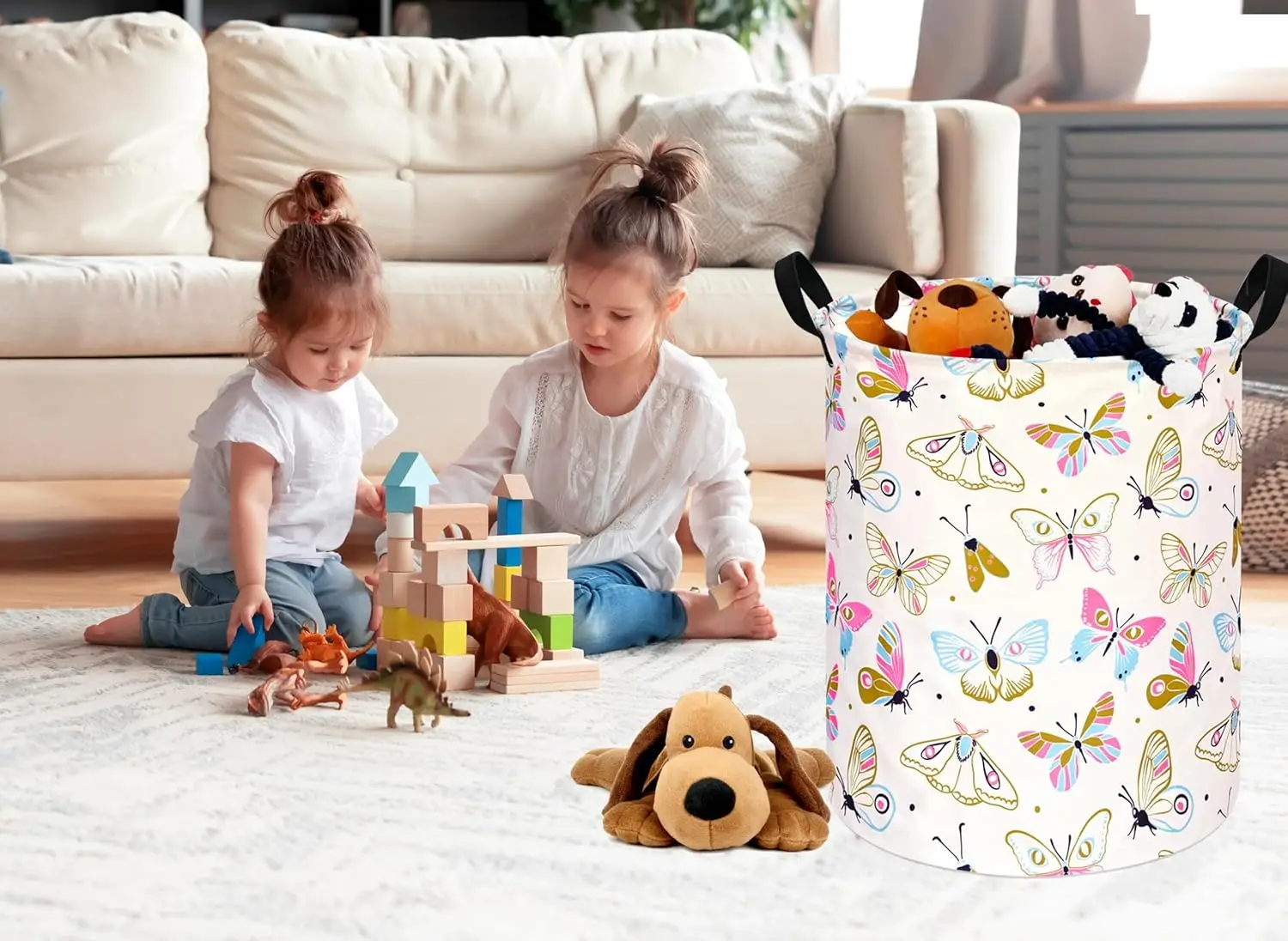 Round Spring Butterfly Laundry Gift Basket Storage Hamper Clothes Storage Organizer Bins Shelf Basket with Handles for Room