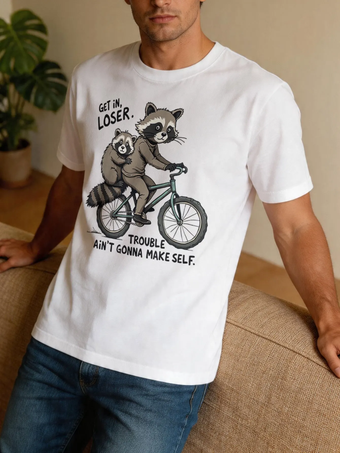 Raccoons Riding Bicycle Funny Quote Graphic Mens T Shirt Humor Wild Animal Art Short Sleeve Crew Neck Cotton Tee Casual Top