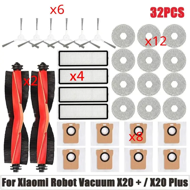 

Запасные части и аксессуары ABBY для роботов-пылесосов Xiaomi X10 X20+/X10 Plus X20 Plus: основная и боковые щетки, салфетки для влажной уборки, мешки для сбора пыли, фильтры.
