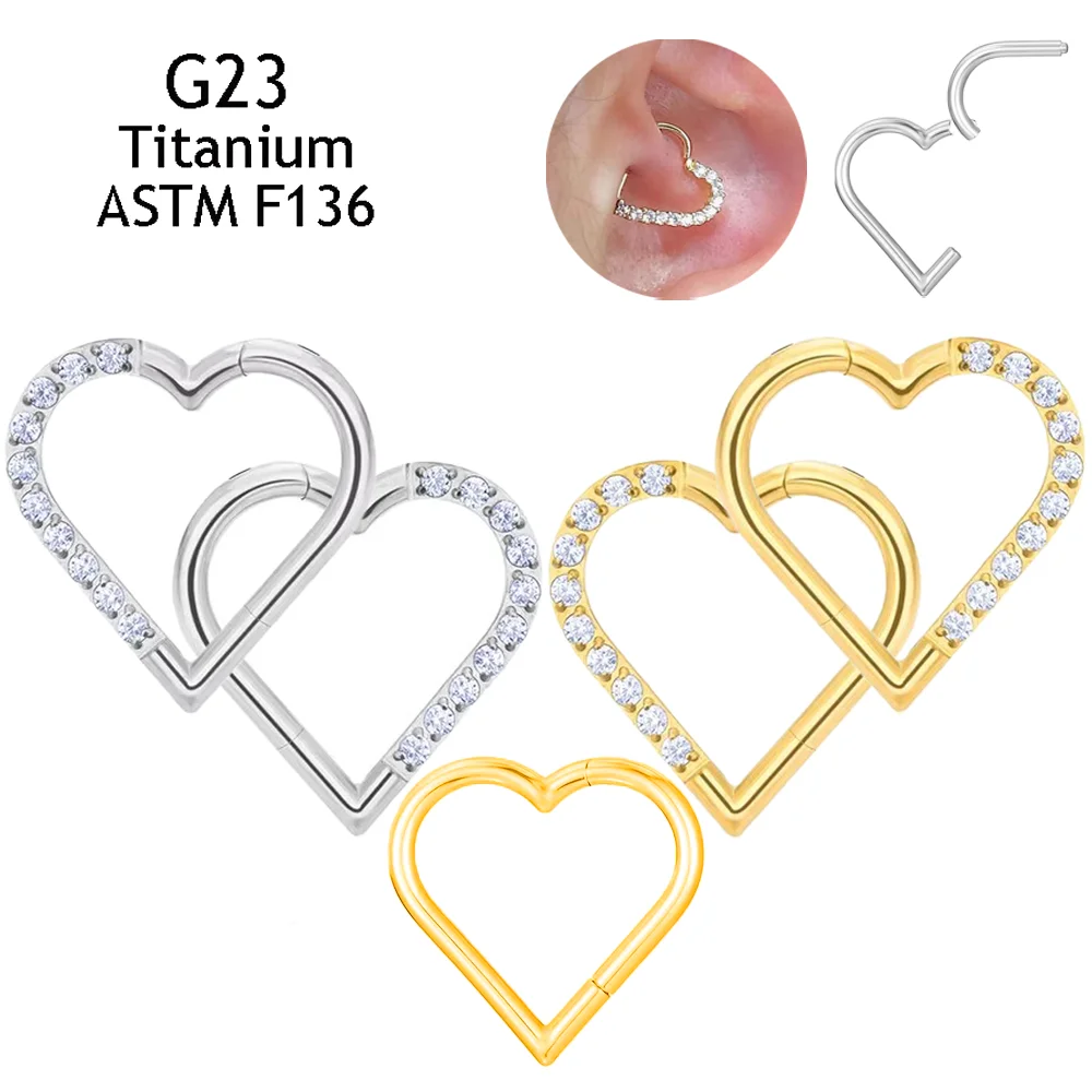 ASTM F36 Titanium 16G Heart Hoops Fashion Nose PIERC Sexy Ear Tragus Daith Cartilage Rings Clicked Body Jewelry for Women Gifts