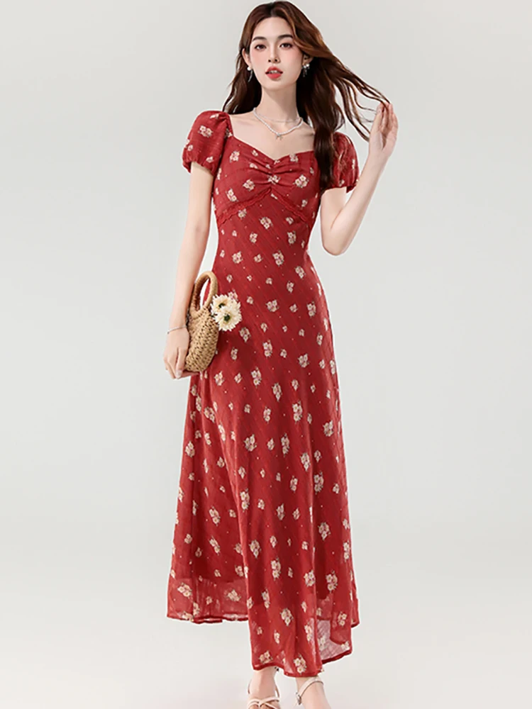 

Women Red Floral Pleated Square Collar Sexy Long Dress 2025 Korean Vintage Luxury Dress Gown Summer Elegant Bodycon Party Dress