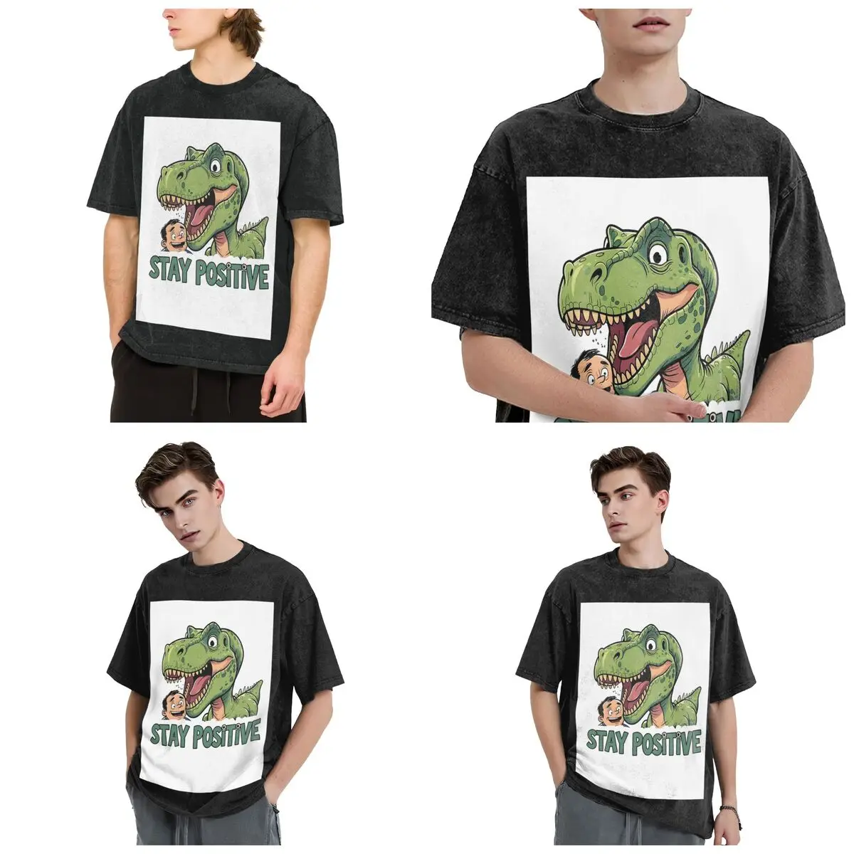 Stay Positive Funny T-Rex Dinosaur Sticker Hip Hop Short Sleeve T-Shirts Washed Tops Tees Streetwear T Shirt for Men woman