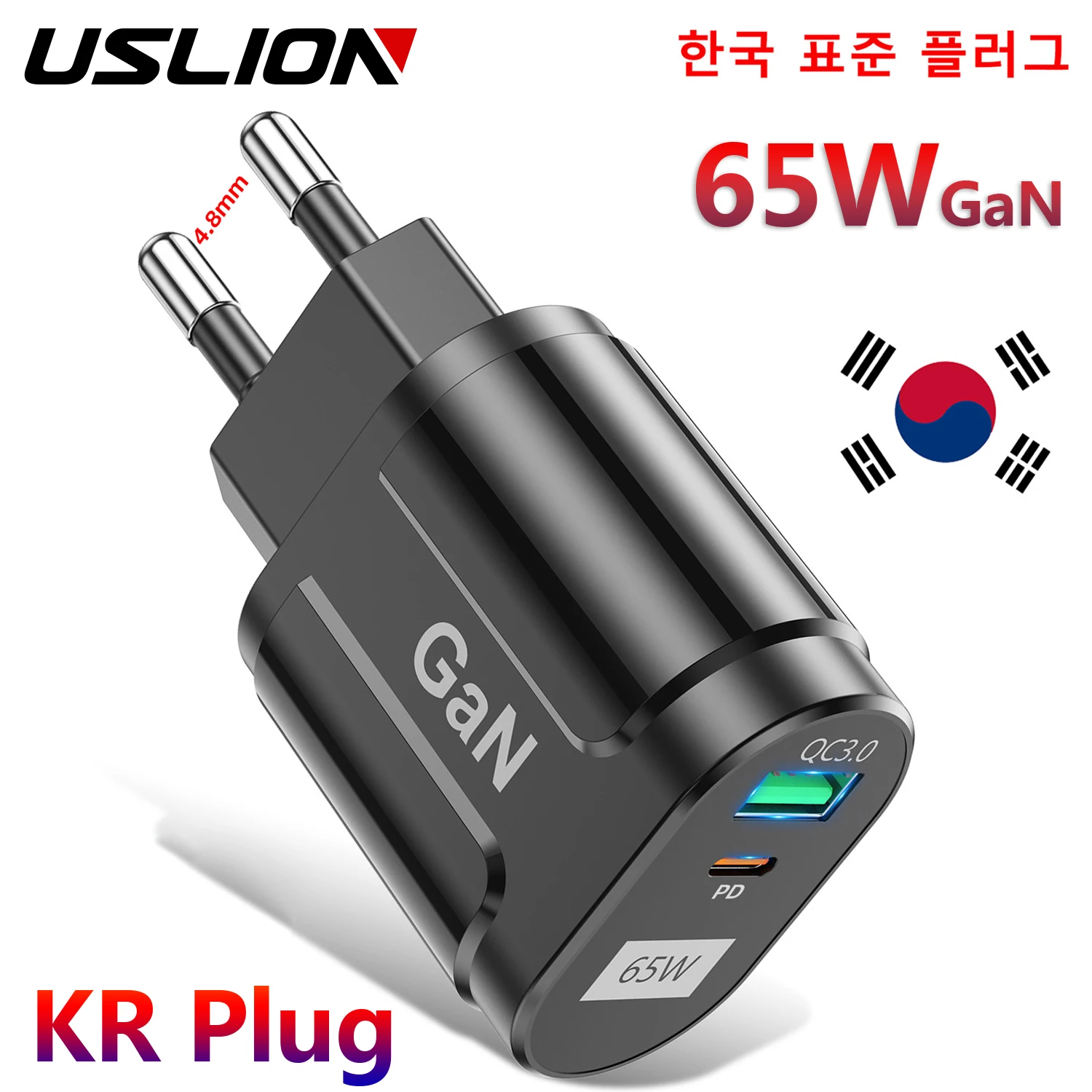 USLION GaN 65W USB C Charger Quick Charge Korea Plug PD USB-C Type C Fast USB Charger For iPhone 13 Xiaomi Samsung Max Macbook