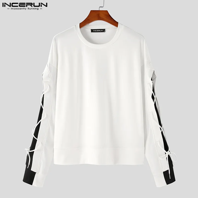 Men T Shirt Patchwork Lace Up O-neck Streetwear Long Sleeve Casual Tee Tops Men Korean 2023 Loose Stylish Men Clothing INCERUN