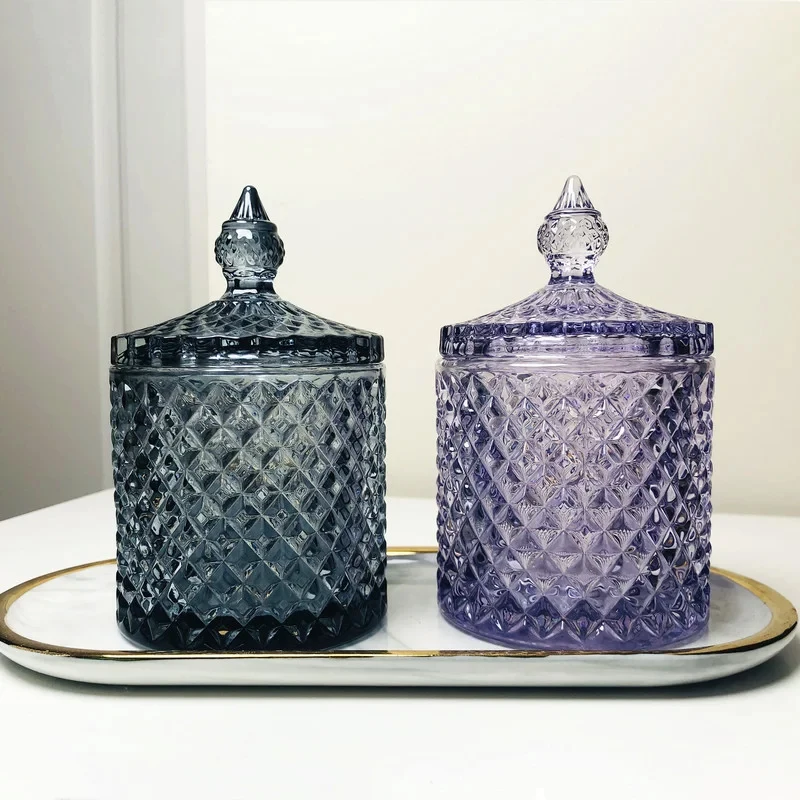 Crystal Glass Jar European-style Diamond Pattern Candy Storage Box Cotton Swab Box Sealed Jar Living Room Home Furnishings