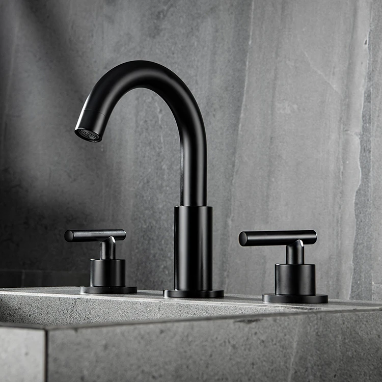 Black Hot Cold Water Function Deck Mounted High-Arc Widespread Bathroom Basin Mixer Tap Faucet 3 Holes