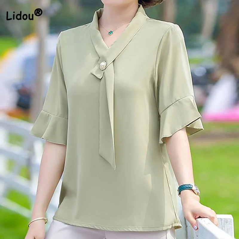 

Simplicity Elegant Solid Color Chiffon Shirt Women's Clothing Summer All-match Fashion Spliced Short Sleeve V-Neck Blouse Female