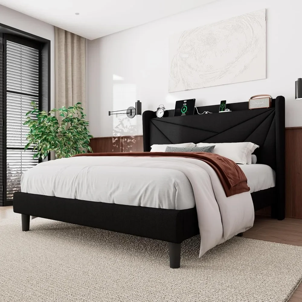 Marco de cama tamaño doble queen con cabecera de almacenamiento lateral y estación de carga, soporte de listones de madera maciza para dormitorio, sin ruido